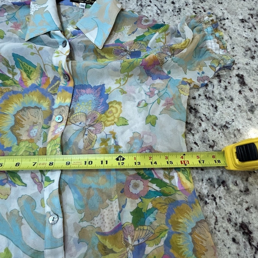100% Silk Sheer Floral Ruffle Short Sleeve Top Blouse Pastel Multicolor Button S - Picture 8 of 9
